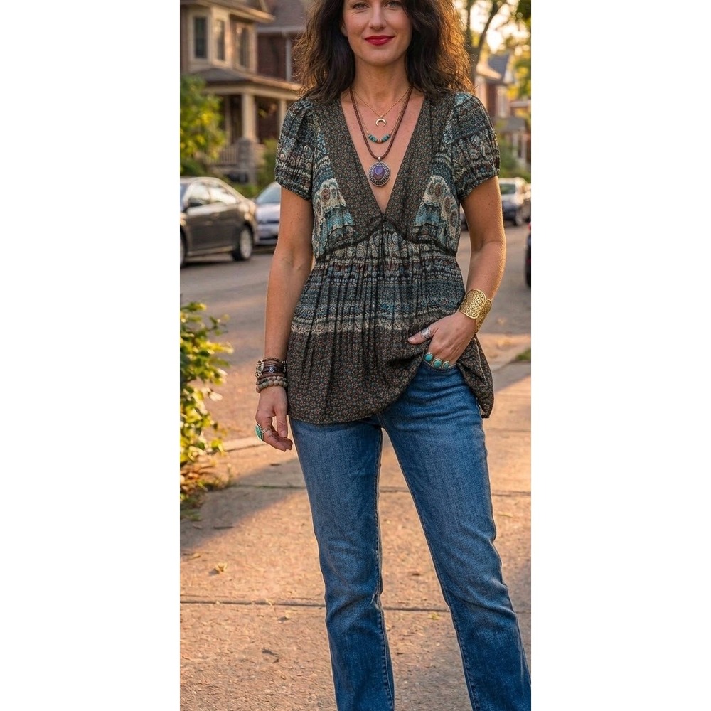 Boho Babydoll Top Bay Studios Career Plus Sz 2X Semi-sheer Lightweight Blouse